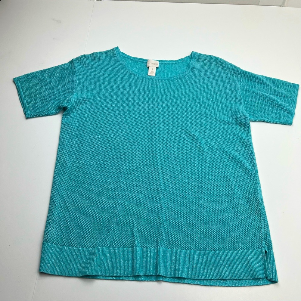 Chico’s Turquoise Blue Mesh Sweater Vanity Size 1‎ US Medium / 8 Short Sleeve